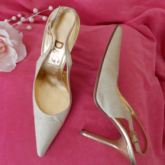 D&G Dolce & Gabbana Italy Cream Gold Silk Heels 37.5 US 7.5 - Picture 3 of 15